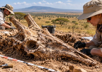 Digitally generated editorial illustration of two archaeologists excavating a giraffe-like fossil skull against the East African savanna. Not a documentary image of the Serengeti find.