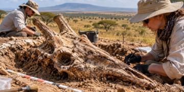 Digitally generated editorial illustration of two archaeologists excavating a giraffe-like fossil skull against the East African savanna. Not a documentary image of the Serengeti find.