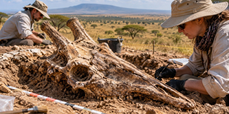 Digitally generated editorial illustration of two archaeologists excavating a giraffe-like fossil skull against the East African savanna. Not a documentary image of the Serengeti find.