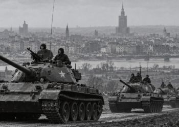 AI-generated editorial illustration of Soviet armoured columns with Warsaw in the background, representing the October 1956 crisis; not an authentic historical photograph