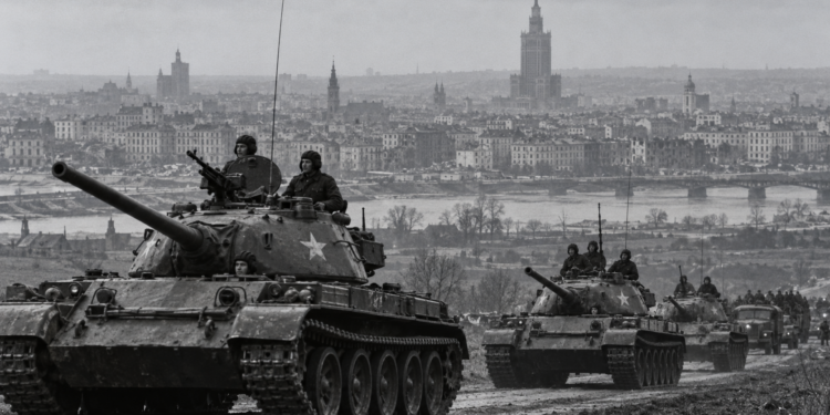 AI-generated editorial illustration of Soviet armoured columns with Warsaw in the background, representing the October 1956 crisis; not an authentic historical photograph