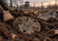 Digitally created symbolic illustration of an unmarked metal identification disc in soil with an archaeological brush, representing the search for missing wartime victims.