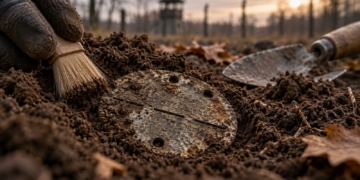 Digitally created symbolic illustration of an unmarked metal identification disc in soil with an archaeological brush, representing the search for missing wartime victims.
