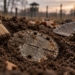 Digitally created symbolic illustration of an unmarked metal identification disc in soil with an archaeological brush, representing the search for missing wartime victims.