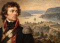 Digital historical illustration of Tadeusz Kościuszko in period dress, with stylised West Point fortifications and the Hudson River behind him
