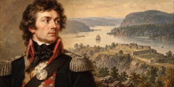 Digital historical illustration of Tadeusz Kościuszko in period dress, with stylised West Point fortifications and the Hudson River behind him