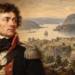 Digital historical illustration of Tadeusz Kościuszko in period dress, with stylised West Point fortifications and the Hudson River behind him