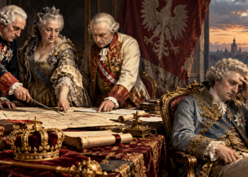 AI-generated editorial illustration representing the Third Partition of Poland and the loss of Polish statehood in 1795; not an authentic historical scene