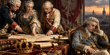 AI-generated editorial illustration representing the Third Partition of Poland and the loss of Polish statehood in 1795; not an authentic historical scene