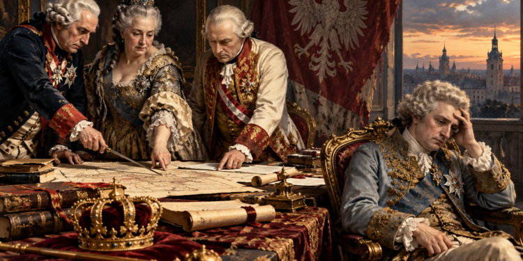 AI-generated editorial illustration representing the Third Partition of Poland and the loss of Polish statehood in 1795; not an authentic historical scene