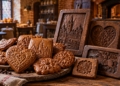 Illustration of elaborately decorated traditional Toruń gingerbread biscuits and carved wooden moulds in a rustic brick baking workshop