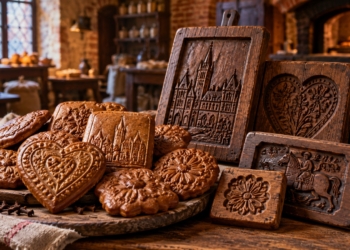 Illustration of elaborately decorated traditional Toruń gingerbread biscuits and carved wooden moulds in a rustic brick baking workshop