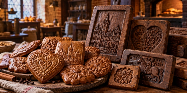 Illustration of elaborately decorated traditional Toruń gingerbread biscuits and carved wooden moulds in a rustic brick baking workshop
