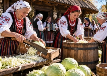 Editorial illustration of people chopping and pressing cabbage into a wooden barrel outside a rustic Polish farmhouse, with traditional-inspired dress and baskets of cabbages.