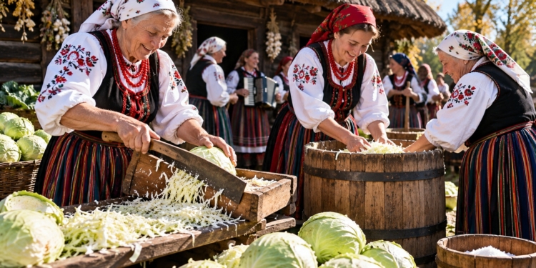 Editorial illustration of people chopping and pressing cabbage into a wooden barrel outside a rustic Polish farmhouse, with traditional-inspired dress and baskets of cabbages.