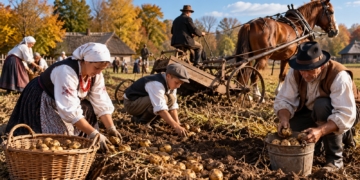 Generated illustration of Polish villagers harvesting potatoes by hand in an autumn field with baskets, a bucket, and horse-drawn equipment