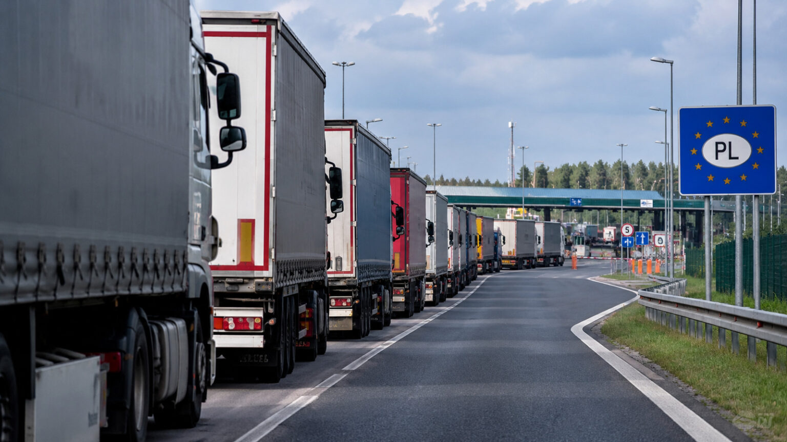 Digitally generated illustration showing a queue of freight lorries approaching a fictionalised Polish border checkpoint.