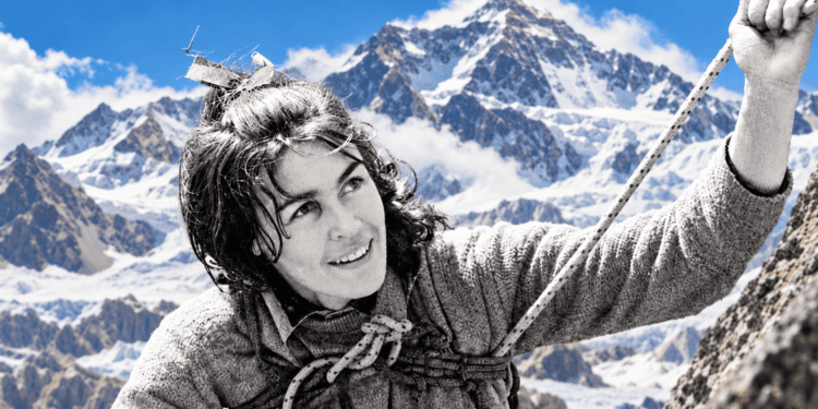 Editorial composite using an archival black-and-white portrait of Wanda Rutkiewicz with an added colour Himalayan background; not a photograph from her 1978 Everest summit