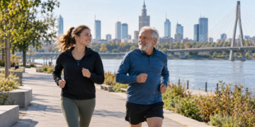 Editorial illustration of two Warsaw joggers of different ages running beside the Vistula, with the Warsaw skyline and a bridge in the background.
