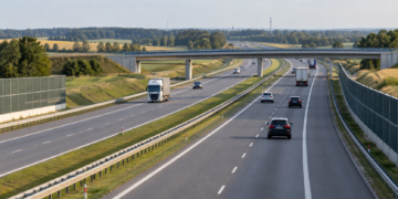 Digitally generated illustration of a motorway in Poland with ordinary traffic and an overpass; not a photograph of the A1 crash.