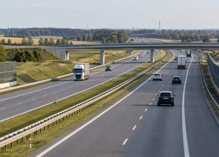 Digitally generated illustration of a motorway in Poland with ordinary traffic and an overpass; not a photograph of the A1 crash.