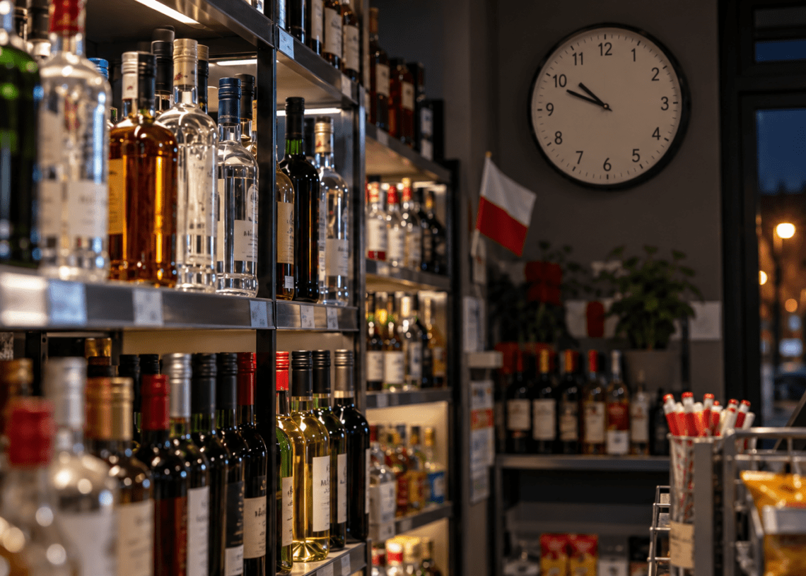 Alcohol bottles in a Polish shop at night with a wall clock after 10 p.m.