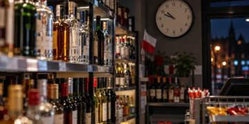 Alcohol bottles in a Polish shop at night with a wall clock after 10 p.m.