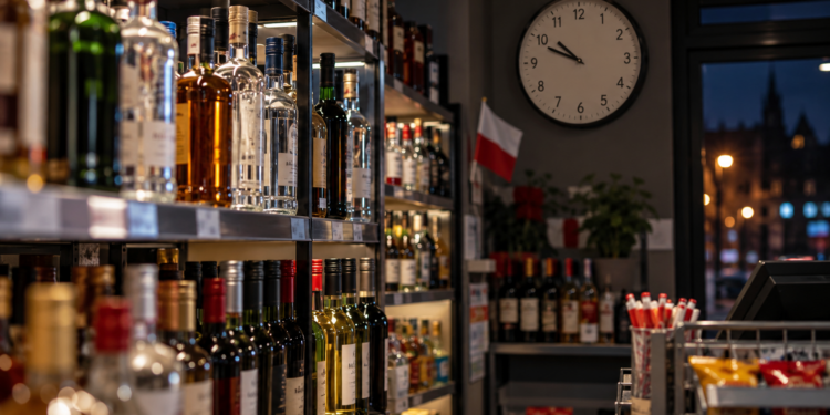 Alcohol bottles in a Polish shop at night with a wall clock after 10 p.m.