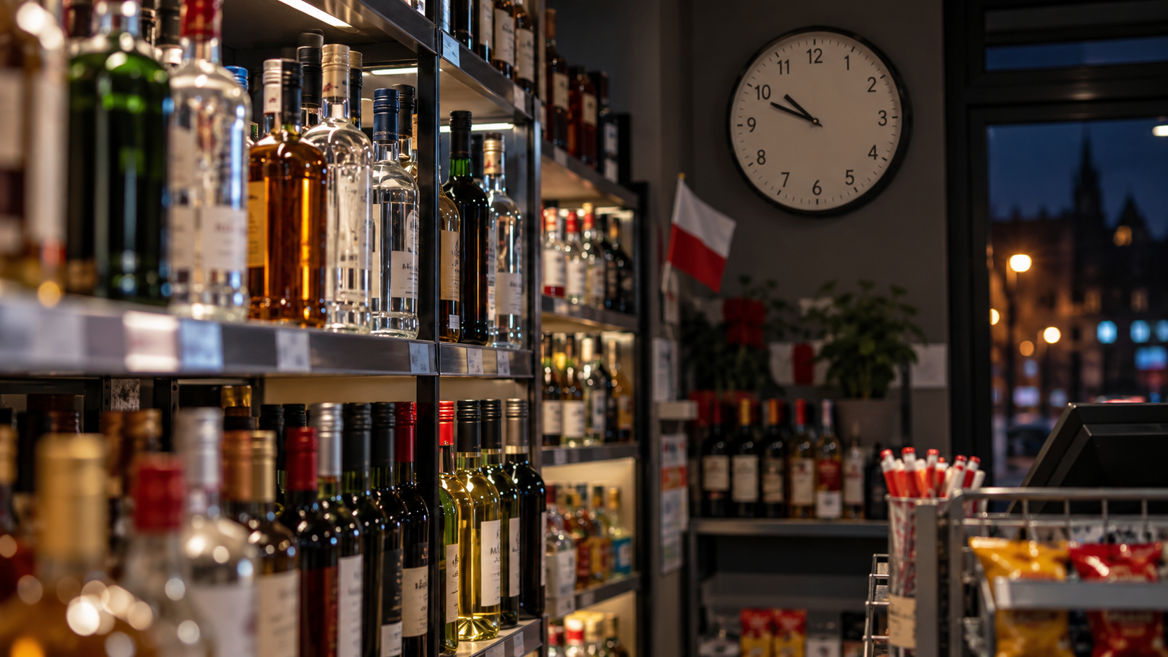 Alcohol bottles in a Polish shop at night with a wall clock after 10 p.m.
