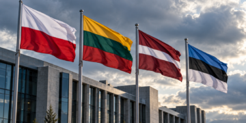 Digitally created illustration of Polish, Lithuanian, Latvian and Estonian flags outside a modern building beneath cloudy skies.