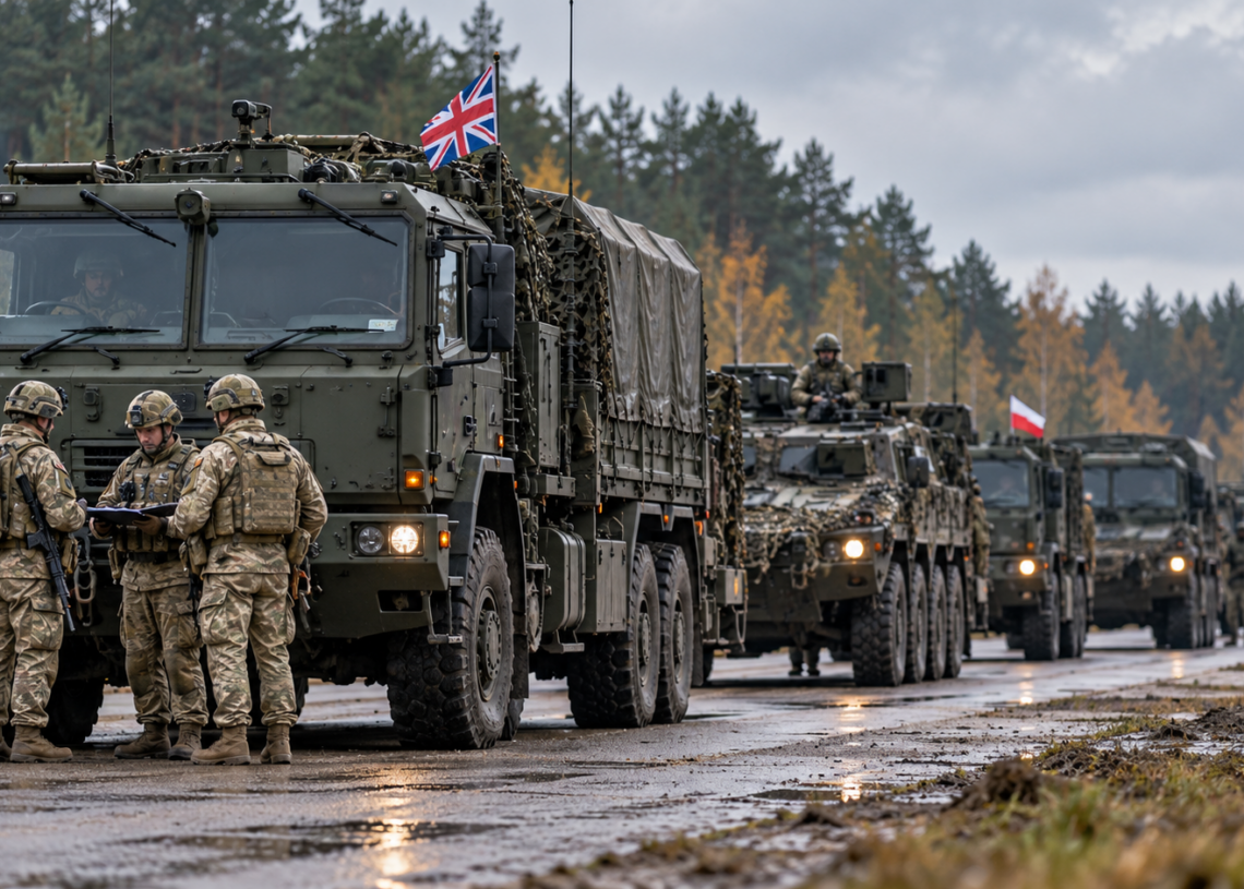 Illustrative military convoy and soldiers on a wet autumn road in Poland; digitally generated image of a possible exercise setting, not an actual November deployment.
