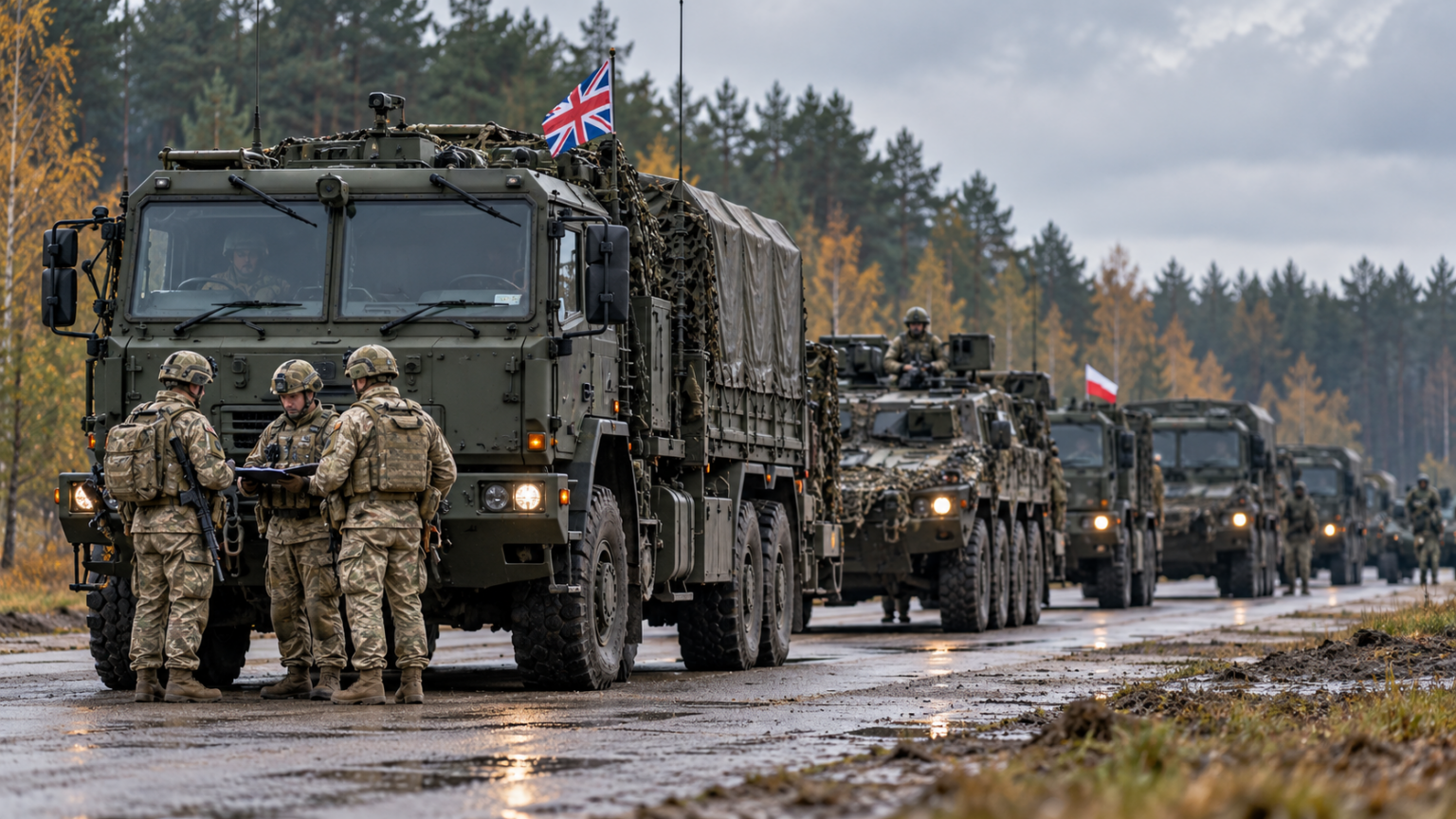 Illustrative military convoy and soldiers on a wet autumn road in Poland; digitally generated image of a possible exercise setting, not an actual November deployment.