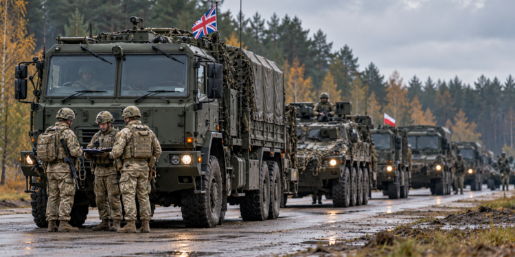 Illustrative military convoy and soldiers on a wet autumn road in Poland; digitally generated image of a possible exercise setting, not an actual November deployment.