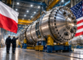 Digitally created editorial illustration of large nuclear engineering equipment in an industrial manufacturing hall, flanked by Polish and American flags.