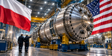 Digitally created editorial illustration of large nuclear engineering equipment in an industrial manufacturing hall, flanked by Polish and American flags.