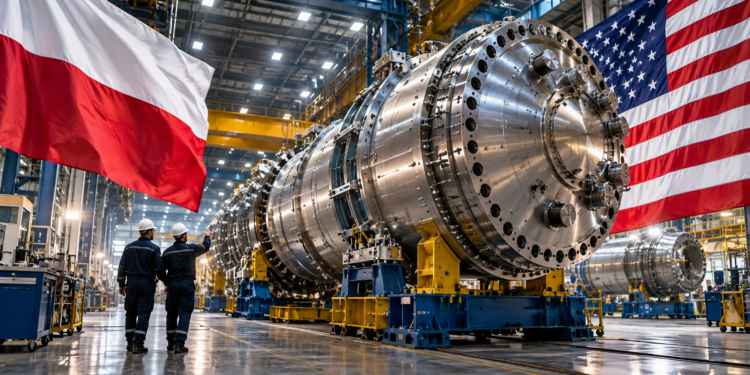 Digitally created editorial illustration of large nuclear engineering equipment in an industrial manufacturing hall, flanked by Polish and American flags.