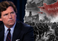 Digitally created editorial composite of Tucker Carlson alongside an illustrative 1939 German invasion of Poland scene