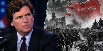 Digitally created editorial composite of Tucker Carlson alongside an illustrative 1939 German invasion of Poland scene