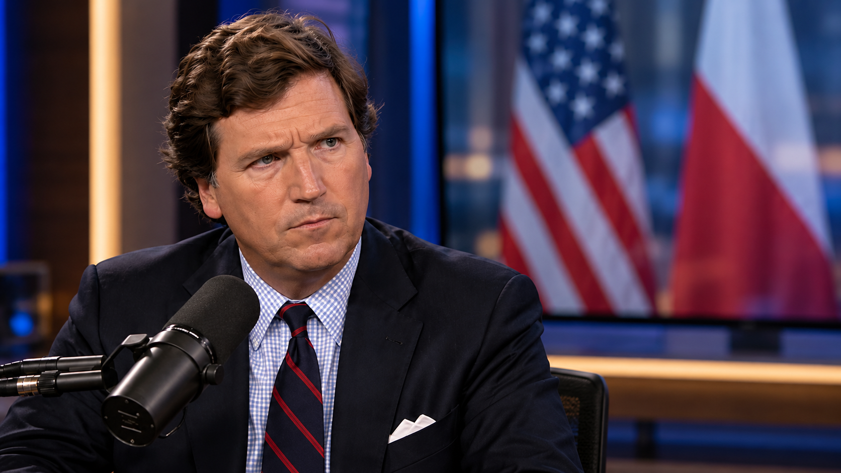 Tucker Carlson in a broadcast studio with blurred US and Polish flags on a background screen