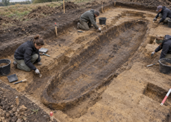 Illustrative archaeological excavation of a boat-shaped grave