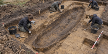 Illustrative archaeological excavation of a boat-shaped grave