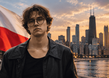Digitally created editorial portrait with Polish flag and Chicago skyline
