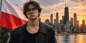 Digitally created editorial portrait with Polish flag and Chicago skyline