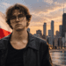 Digitally created editorial portrait with Polish flag and Chicago skyline