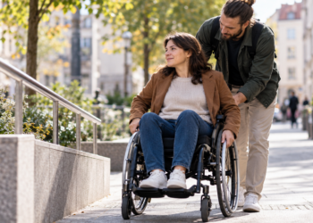 Digitally created image of a personal assistant helping a wheelchair user along a city pavement.