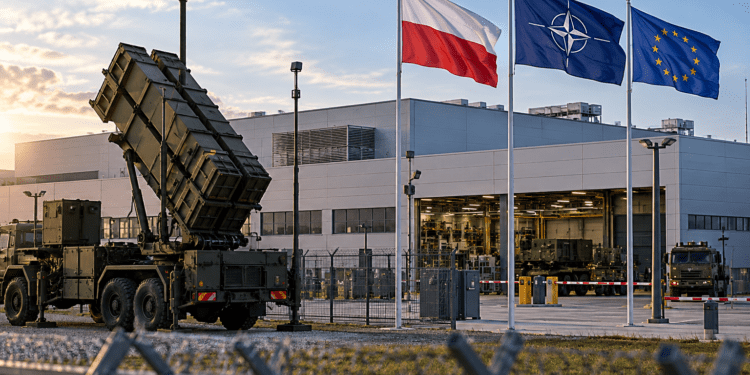 Editorial image of a European defence factory under air-defence protection with Polish, NATO and EU flags