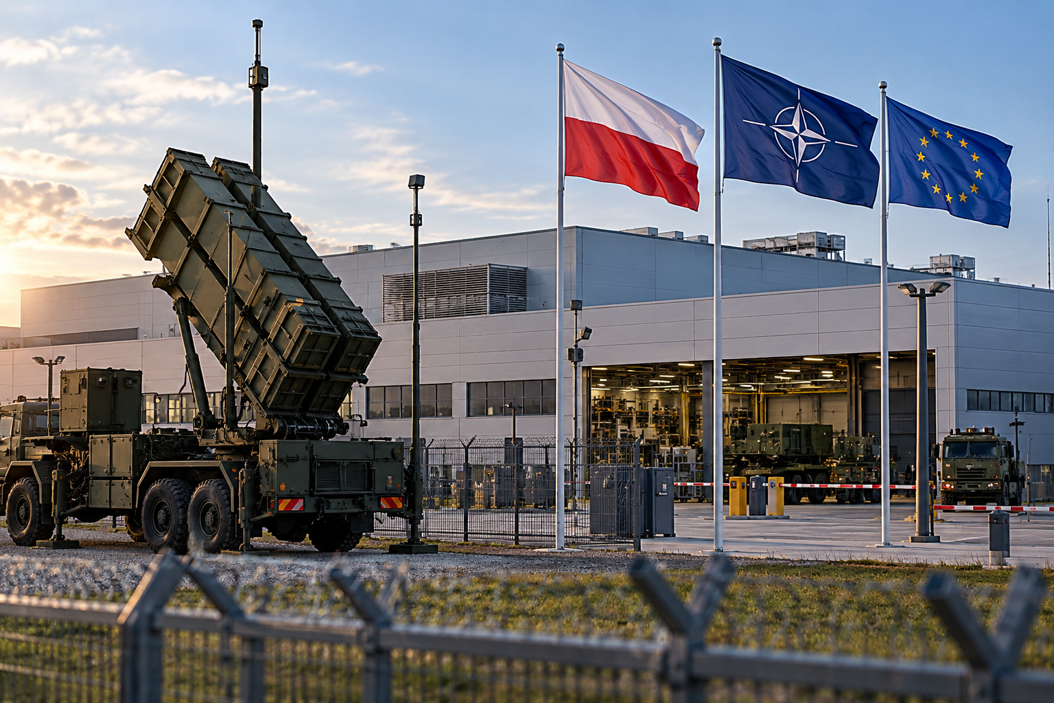 Editorial image of a European defence factory under air-defence protection with Polish, NATO and EU flags