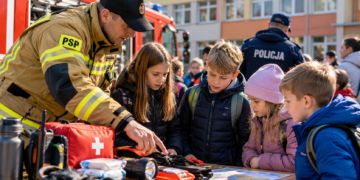 Digital illustration of a firefighter teaching children about emergency supplies outside a school, with fire and police personnel in the background.