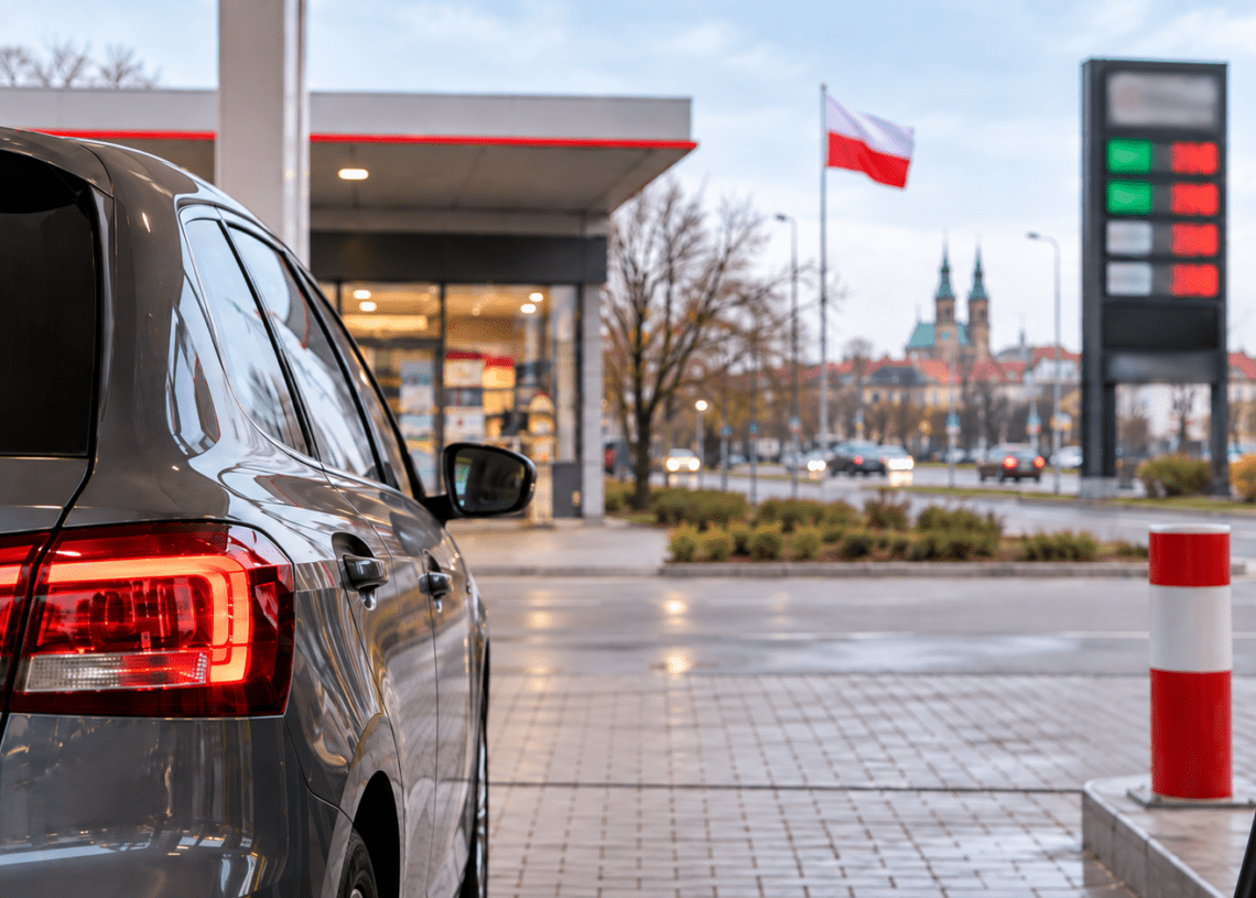 Car at a petrol station in Poland with fuel pumps and a Polish flag