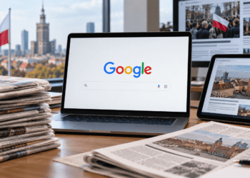 Illustrative image of Google displayed on a laptop beside newspapers and digital news pages